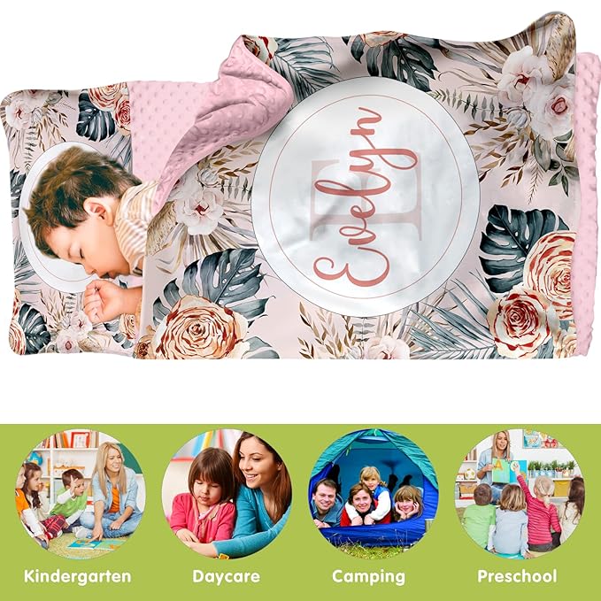 Custom Toddler Nap Mat for Preschool, Personalized Name Flower Kids Sleeping Bag for Daycare, Roll Up Sleeping Mat with Removable Pillow and Soft Dot Minky Blanke for Girls Camping