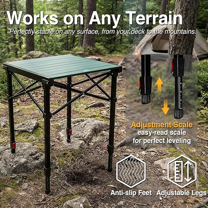 Portable Camping Table with Adjustable Height, Lightweight Aluminum Roll Top Folding Camp Table with Storage Pockets & Dual-Compartment Bag, Heat-Resistant, for RV, Picnic, BBQ, Outdoor (L)