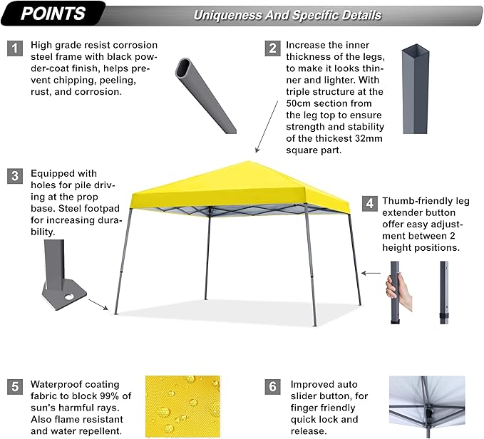 ABCCANOPY Stable Pop up Outdoor Canopy Tent 10 x 10 ft Base / 8 x 8 ft Top, Yellow