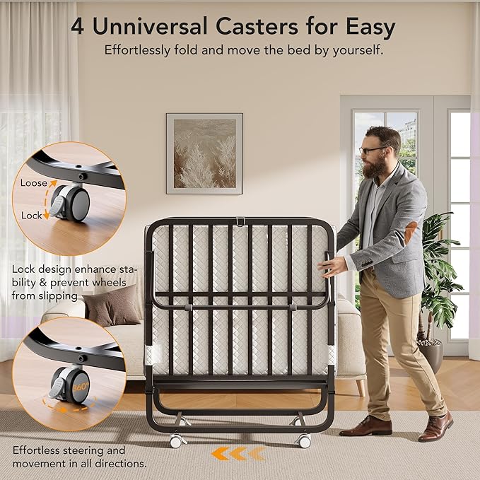 Folding Bed with Memory Foam Mattress, 75" x 38" Cot Size Portable Foldable Bed with Movable Wheels, Space-Saving Sturdy Metal Frame, Twin Rollaway Bed for Adults for Guest Room, Apartment, Camping