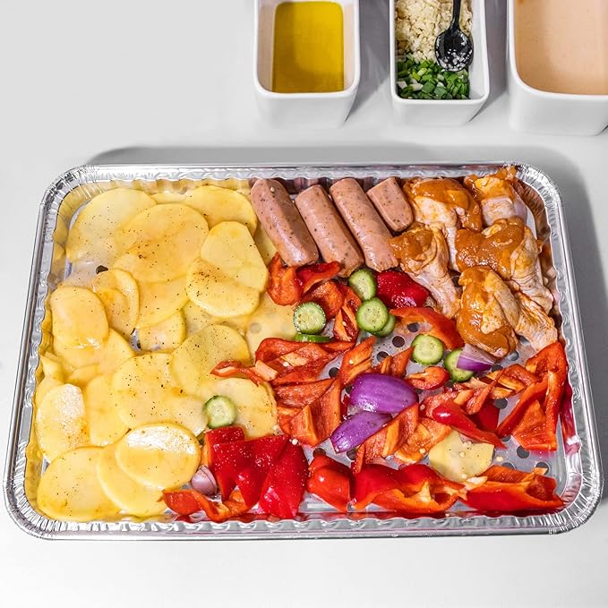 15 Pack Disposable Aluminum Foil Grill Topper Pans, Grill Grate Liners, BBQ Grill Accessories for Outdoor Cooking and Camping - Prevents Food from Falling into Grill or Sticking to Grate
