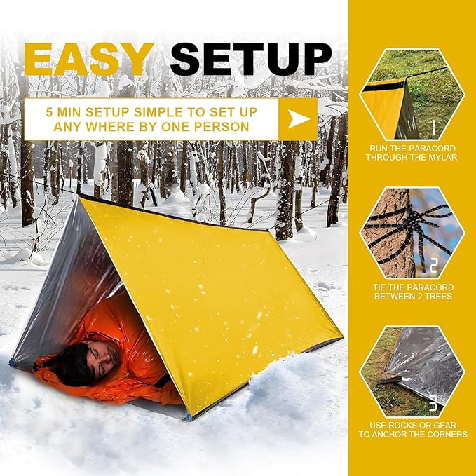 1-Pack Survival Life Tent - 1Person Mylar Shelter, Tube Tent with Paracord, All-Weather for Camping, Hiking, Survival Kits-Yellow