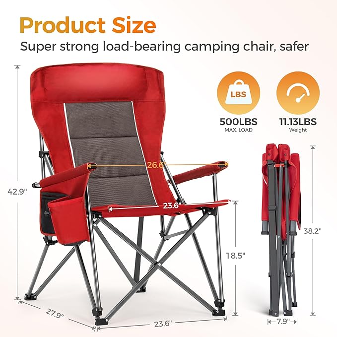 ALPHA CAMP Heavy Duty High Back Camping Chairs with Cup Holder Oversized Folding Chair Outdoor Chair with Headrest,Lawn with Side Pocket for Lawn, Sports and Fishing, 500lbs