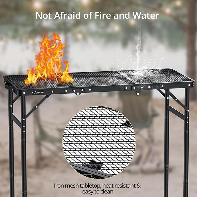 Anbte 3ft Tri-fold Grill Table, 2 Adjustable Heights Max 29.5" Sturdy Metal Grill Table with Storage Bag, Heat-Resistant Tabletop, Portable Handle for Cooking BBQ Outdoor Travel, 35" x 16", Black