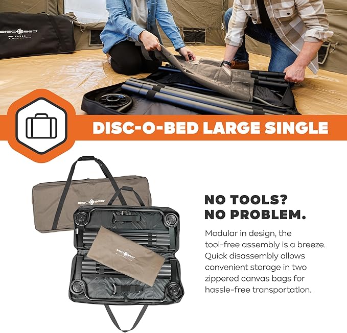 Disc-O-Bed Large Outdoor Modular 1 Person Single Camping Cot Portable Bed for Adults, Sleep Solution for Tents, Tan