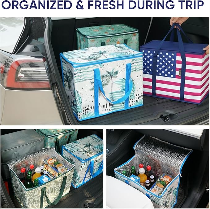 BALEINE 2PK Insulated Reusable Grocery Bags, Collapsible Cooler Bag for Groceries, Heavy Duty Large Insulated Bag (16''x9''x13'', Patroit Celebration)