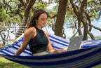 SUPERJARE Hammock with Stand, 2 Person Heavy Duty Hammock with Padded Cotton, Detachable Pillow & Strong Curved-Bar & Portable Carrying Bag, Perfect for Outdoor & Indoor, Navy Blue Stripe