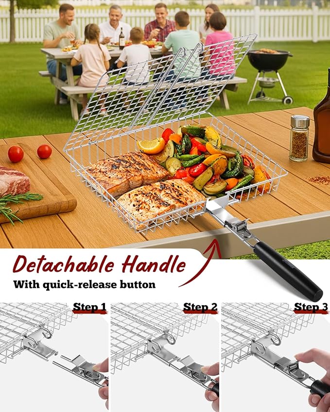 Grill Baskets for Outdoor Grilling, 3PCS Grilling Baskets with Removable Handle, Stainless BBQ Accessories for Vegetables, Fish, Shrimp, Outdoor Camping Cooking Tools Gifts for Men Dad