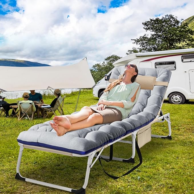 NAIZEA Folding Camping Cot W/Mat for Adults, Adjustable Lounge Chair Outdoor, Heavy Duty Sleeping Cot Bed, Travel Camp Cots for Pool, Beach, Patio Sunbathing