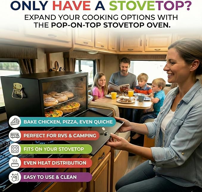 Camping Oven - Pop-On-Top Full Size Baking Oven for Outdoor, RV, Tent Camping, Preppers, Emergency.