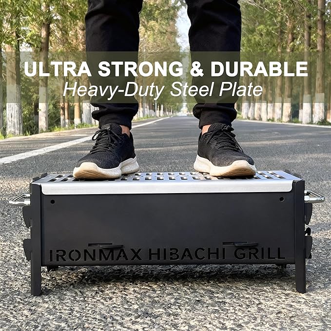 IRONMAX Portable Folding Hibachi Grill, Heavy Duty Charcoal & Wood-Burning Campfire Grill for Outdoor Cooking, Camping Yakitori, Patio & Backyard - 16" x 7.5" x 6.5"