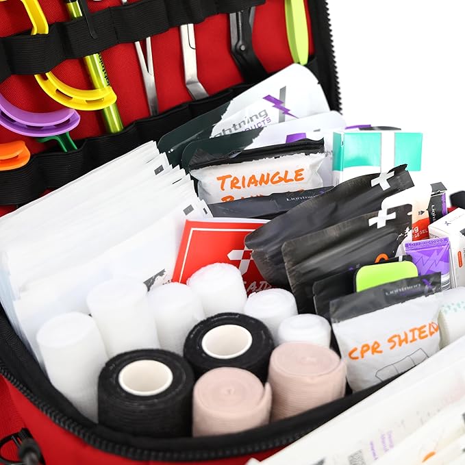 Lightning X Mid-Sized First Responder EMT Bag | LXMB25 | Fully Stocked w/ 240+ First Aid, EMS & Trauma Supplies - RED