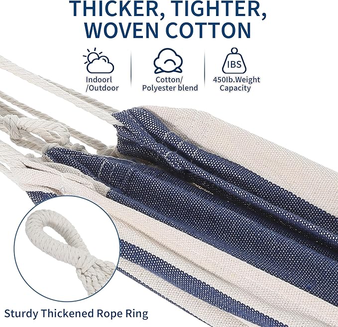 Double Hammock with Steel Stand - 2 Person Hammock Bed Indoor Outdoor, Brazilian-Style, with Carry Bag, 450lb Capacity, Portable & Easy Assembly, Blue&White
