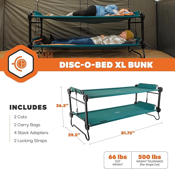 Disc-O-Bed Extra Large Portable Bunk Camping Cots with Carry Bags - Heavy-Duty Indoor or Outdoor Sleeping System, Converts to Bench or Separate Beds, 500 lb Weight Capacity Per Cot, Green