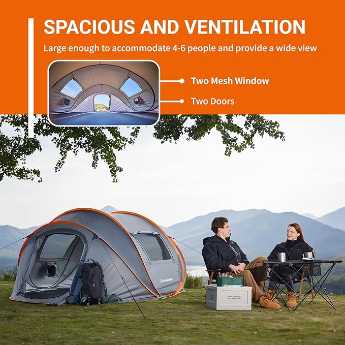 EchoSmile Instant Pop Up Camping Tent, 2/4/6 Person, Easy Setup Tent, Water Resistant Dome, Portable with Carry Bag