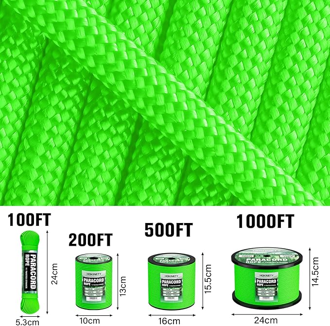 Paracord Rope 750 - Parachute para Cord 4mm 11 Strand Spool Rope Utility Nylon String for Outdoor Camping Survival Utility Tent Crafting DIY Projects - Neongreen 500ft