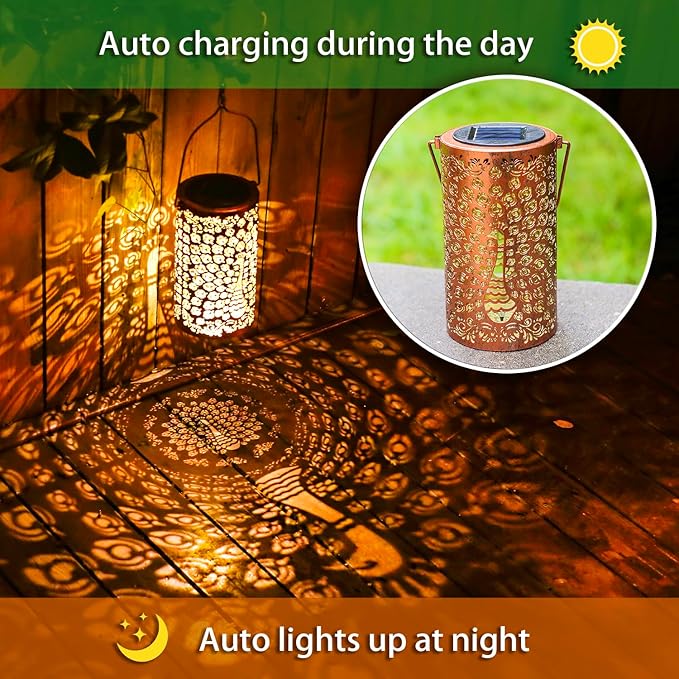 2 Pack Peacock Outdoor Solar Hanging Lanterns Waterproof LED Solar Lights Metal Decorative Lanterns for Garden, Patio, Courtyard, Backyard, Yard Decor Unique Peacock Gifts for Women Gardening