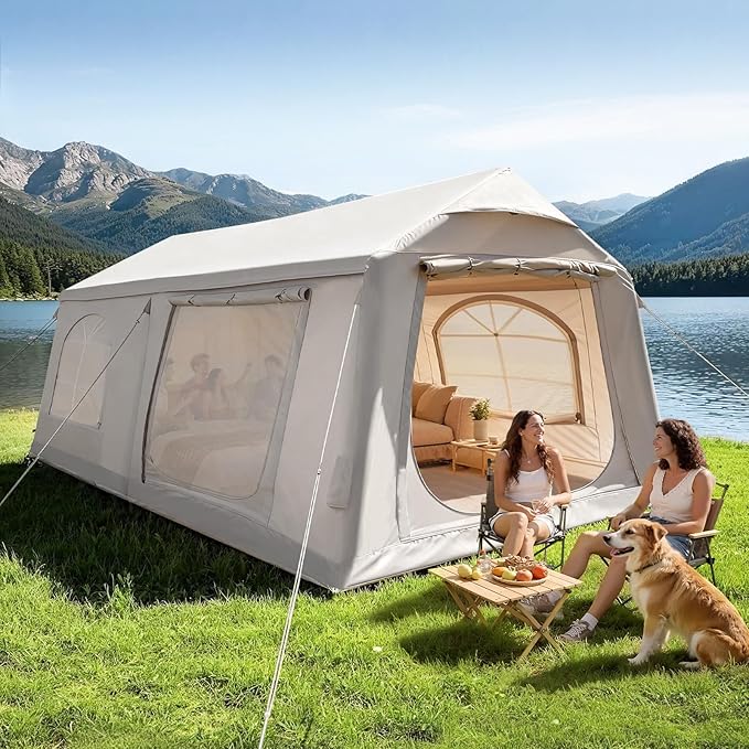 ABORON 2/6/8/10/12 Person Inflatable Camping Tent, Easy Setup Blow Up Tent with Hand Pump, PU3000mm Waterproof & Breathable 4 Season Glamping Tent for Outdoor Camping