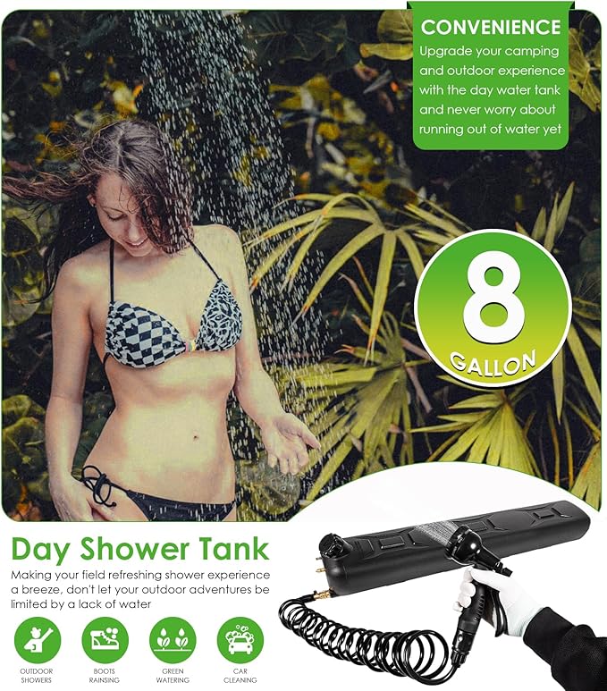 Yoursme 8-Gallon Pressurized Water Tank, Portable Camping Shower Water Storage with Spray Hose Roof Rack Mount for Pick-up Trucks & Off-Road Vehicles Overland Outdoor Activities Water Supply