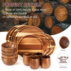Maxdot 16 Pcs Acacia Wood Dinnerware Set, Round Wooden Plates,Solid Wooden Bowls and Tea Cups, Acacia Wood Tableware Supplies, Easy Cleaning & Lightweight for Dishes Snack, Dessert, Set for 4