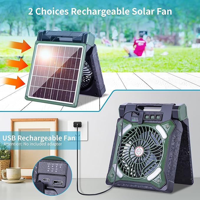Solar Fan Battery Powered Rechargeable Solar Camping Fan with Led Lantern & Power Bank Foldable Angle USB Personal Fans for Travel Outdoor Camping Tents X98 Green