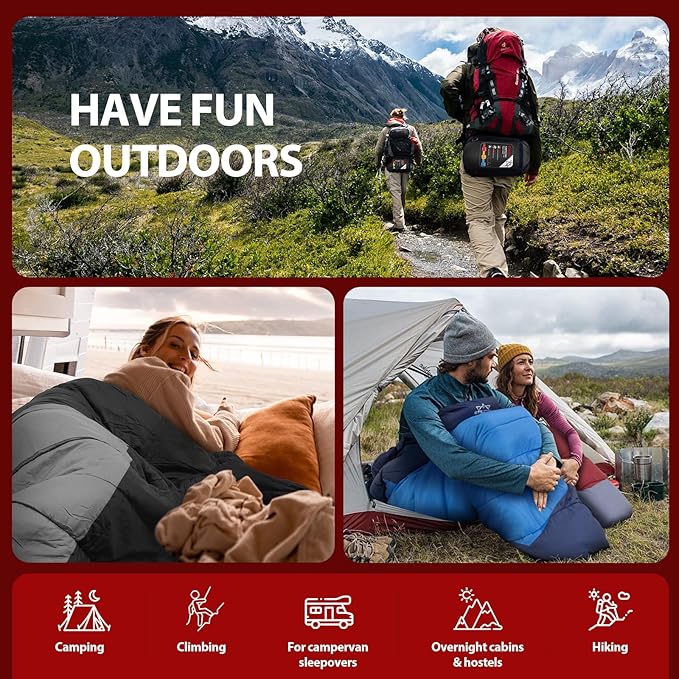 Single Sleeping Bag for Adults Kids 3-Season, Lightweight Waterproof Ripstop, Dual Zipper Bottom Vent, Compression Sack, Portable Camping Hiking Backpacking Gear