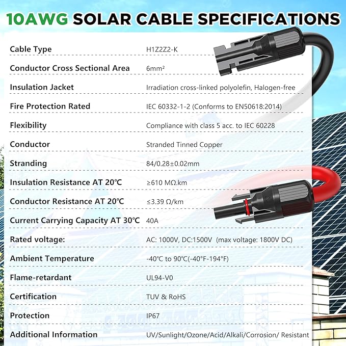 Oududianzi 10AWG Solar Extension Cable 70Ft, Solar Panel Extension Cable, 10 AWG Solar Wire, PV Wire, Solar Panel Wires and Connectors for Solar Systems (70FT Red+70FT Black)