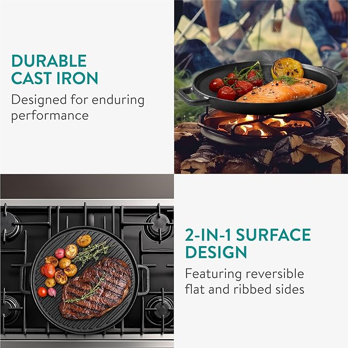Navaris Reversible Cast Iron Grill/Griddle - 12"(30cm) Pre-Seasoned with Handles, Flat & Ribbed Griddle Plate, Perfect for Stove, Grill, Oven, Campfire, Outdoor Cooking, Heavy-Duty