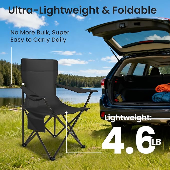Portable Camping Chair 2 Pack, Folding Outdoor Chair with Cup Holder & Side Pocket for Camping, Hiking, Picnic, Beach (Black)