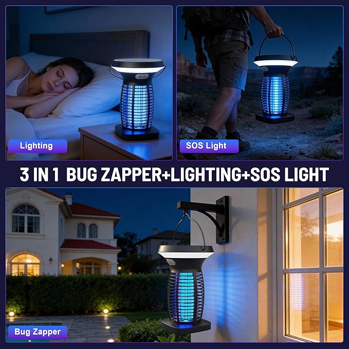 Solar Bug Zapper Outdoor, Rechargeable & Solar Powered, 4200V High Voltage for Effective Mosquito & Multi-Insect, Pet/Child Safe with UV Light, Waterproof for Camping Indoor Outdoor