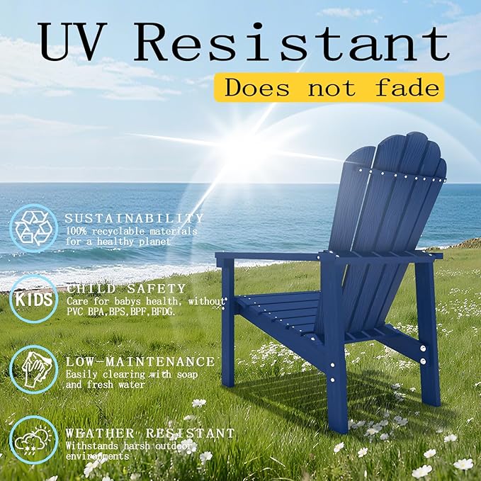 Stackable Adirondack Chair Set of 2, HDPE All-Weather Adirondack Chairs - Durable and Space Saving, Plastic Outdoor Fire Pit Chairs with Cup Holder,Navy Blue