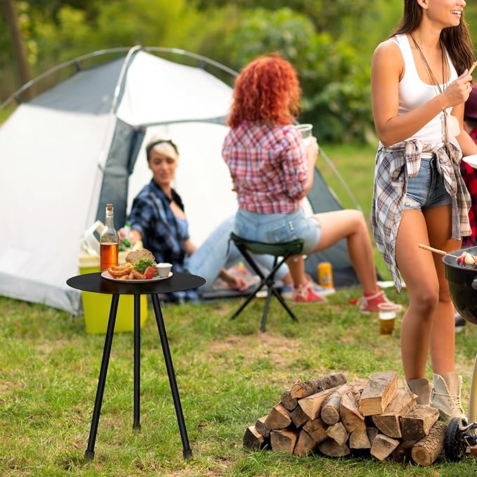 12.2" Small Round Outdoor Side Table - Adjustable Height (11.4" & 18.1") Sturdy Metal End Table, Anti-Rust Coated Iron Plant Stand, Portable Camp Table for Tent, Beach, Balcony, Black