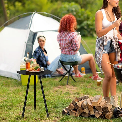 12.2" Small Round Outdoor Side Table - Adjustable Height (11.4" & 18.1") Sturdy Metal End Table, Anti-Rust Coated Iron Plant Stand, Portable Camp Table for Tent, Beach, Balcony, Black