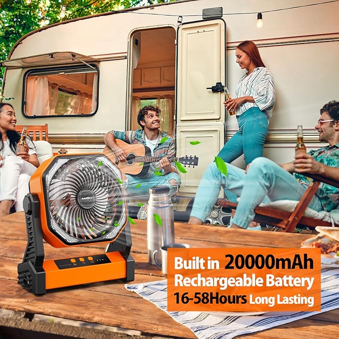 20000mAh Battery Powered Camping Fan, 58Hrs Rechargeable Portable Fan, 400LM Light, 360° Hook, Whisper Quiet Battery Operated Fan for Outdoor Car Travel Hurricane Camping Gear Essentials Power Outages