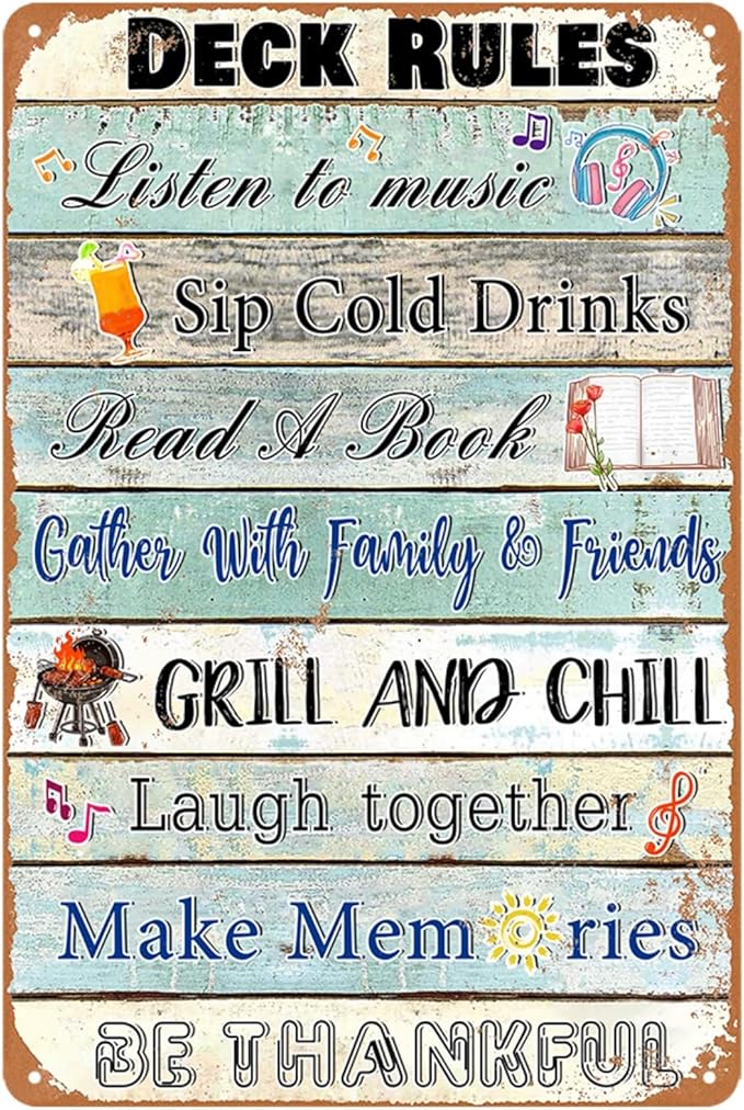 Deck Rules Sign Outdoor Yard Deck Accessories Decor Camping Rules Signs Vintage Metal Tin Sign Camping Decor For Bar Party Campsite Cabin Tent Outdoors Pool Wall Decorations 8x12 Inch