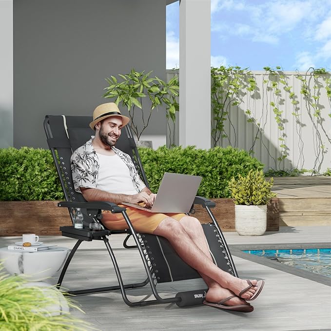 UDPATIO Zero Gravity Chair Oversized Outdoor Anti Gravity Chairs Patio Lounge Folding Adjustable Chair with Cup Holder, Foot Pad & Padded Headrest, Supports 500lbs (2, Grey, 33in)