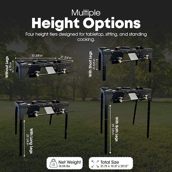 GasOne Double Propane Burner with Adjustable Height 4-Tier Removable Legs for Outdoor Cooking – High Pressure Camping Accessories Camp Stove – Cast Iron Portable Stove Top - Patent Pending