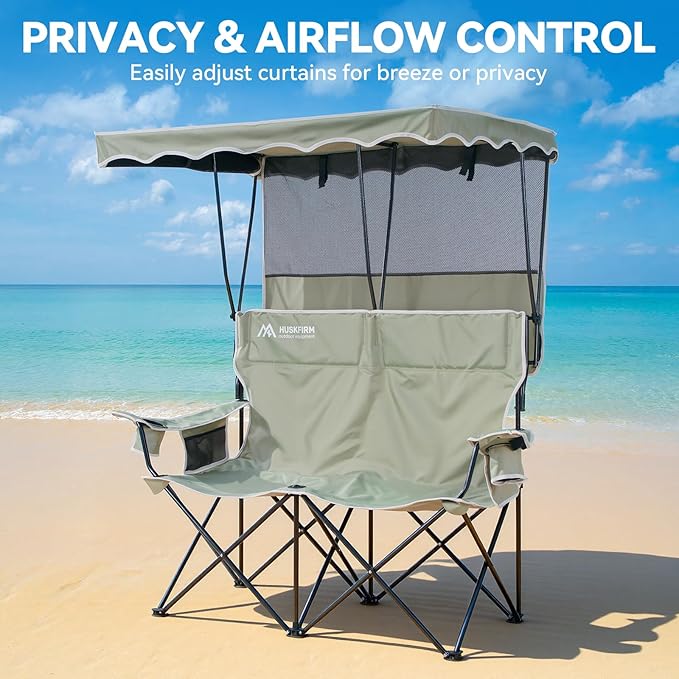 Double Camping Chair with Shade Canopy 2 Person Folding Chair with Canopy Portable Beach Chair Heavy Duty Camping Chair with Two Cup Holders and Side Pocket for Outside Camping,Beach,Sports