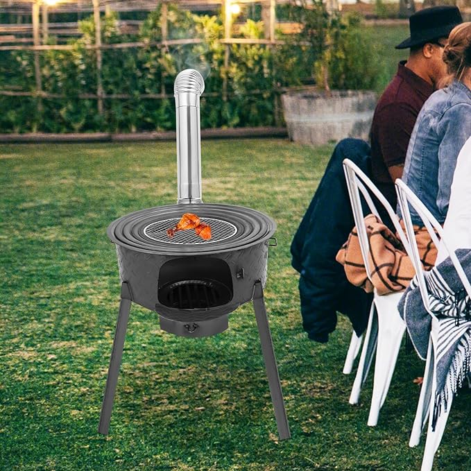 Wood Burning Stove with Grill Rack, Portable Camping Rocket Stove Chimney Charcoal Grill & Furnace Rings, for Outdoor Backyard Cooking, Picnic and Barbecue (Gray, 20.5 in)