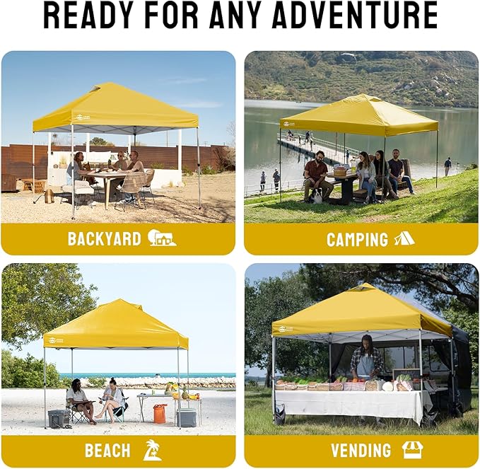 Crown Shades 10x10 Pop Up Canopy - Beach Tent with One Push Setup - Outdoor Sun Shade for Events, Parties, Camping - Gazebo with STO-N-Go Cover Bag, Silver Coated Top, 3 Height& 4 Sand Bags, Yellow