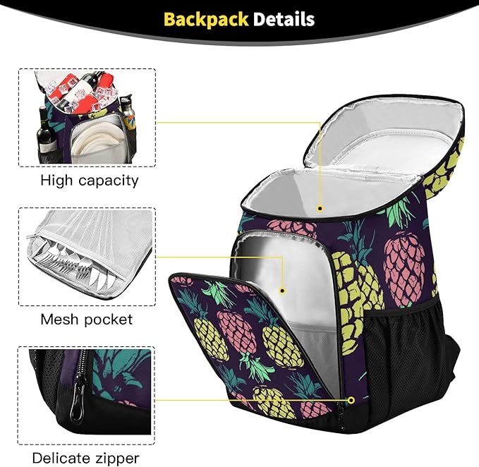Tropical Pineapples Fruits Cooler Backpack Insulated Leak Proof Beach Cooler Bag Soft Lunch Picnic Hiking Camping Backpack Cooler