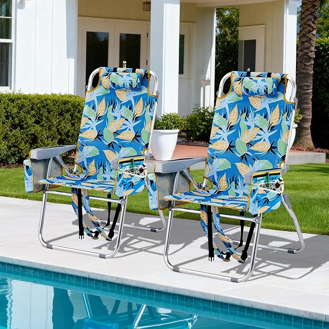VINGLI Tall Beach Chair 2 Pack Lightweight, Backpack Beach Chair for Adults with 5-Position, Cooler Bag, Cup Holders, Towel Bar, Lightweight Folding Beach Camping Chairs