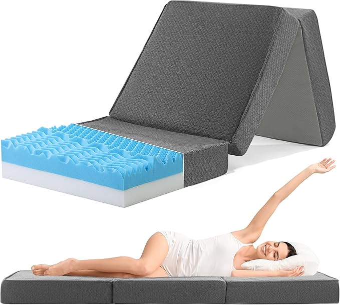 HOMBYS 5-Zone Memory Foam Tri-fold Mattress, 4 Inch Single Size Foldable Mattress with Washable Cover, Portable Floor Mat Bed with Elastic Band for Storage, Cot Pad for RV, Camping, Travel and Guest