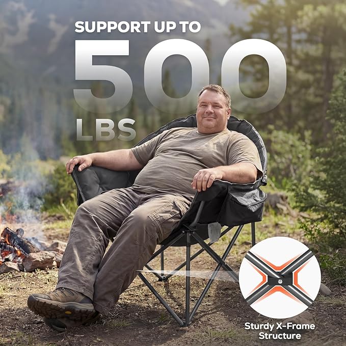 Romswi Oversized XL Padded Camping Chair for Adults, 500lbs Support Heavy-Duty Padded Folding Chair with Side Pocket Cup Holder, Wide&Thick, for Outdoor,Black