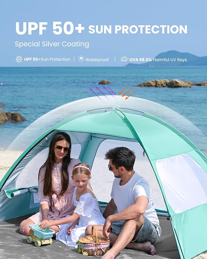 OutdoorMaster Beach Tent for 3/4/6/8 Person - Easy Setup Sun Shade Shelter, Portable Beach Shade Sun Canopy with UPF 50+ UV Protection, Removable Skylight Family Size