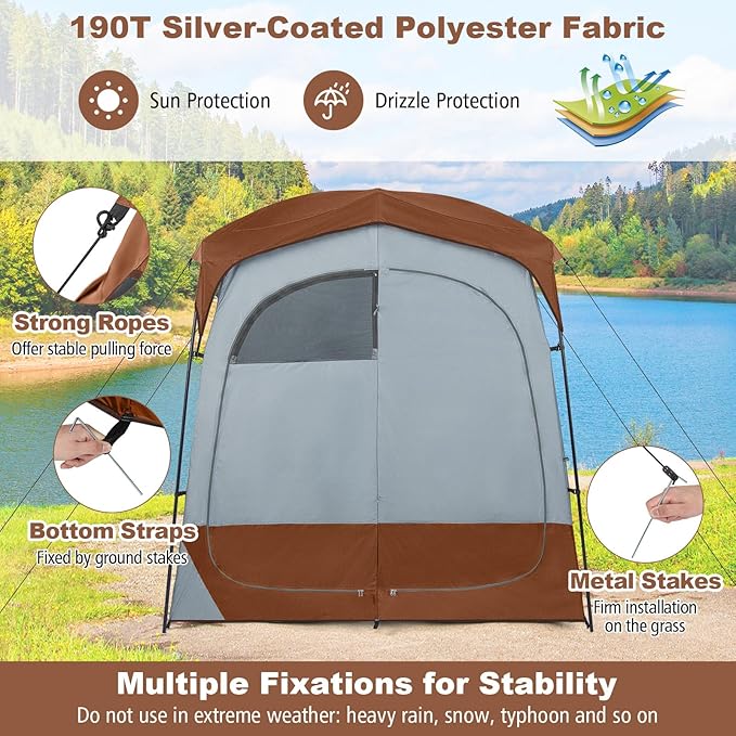 Tangkula Double Room Shower Tent, Oversize Space Privacy Tent with Floor, Removable Rain Fly, Inside Pocket, Clothesline, Top Hook, Portable Outdoor Changing Tent for Dressing, Camping, Toilet