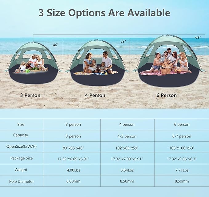 NXONE Beach Tent Sun Shelter with UPF 50+ UV Protection, Lightweight Easy Setup Portable Beach Canopy for Family, Large Space for Beach, Camping & Outdoor, 3/4/6 Person