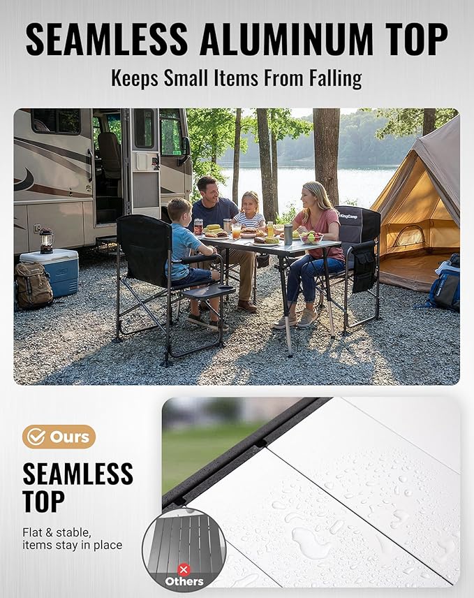 KingCamp Folding Camping Table Foldable, 55.1" x27.6" Aluminum Roll Up Table with Adjustable Height 6-7 Person Camp Tables Outdoor with Carrying Bag for BBQ, Patio, and Picnic Loads 265 Lbs