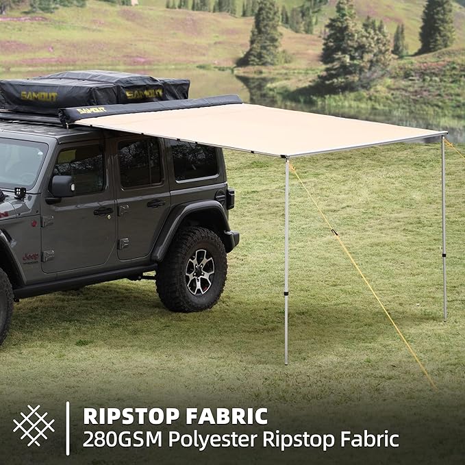 Vehicle Awning, 4.6ft x 6.6ft, Rooftop Pullout Ripstop UPF50+ Side Awning, Reinforced Hinges & Poles for Jeep/SUV/Truck/Van
