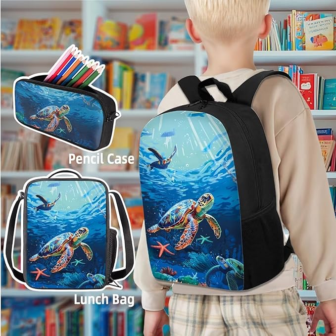 Turtle Backpack for Kids Boys Backpack 3-Piece Set Backpacks with Lunch Box Kids Bookbag for Travel Kindergarten Elementary Middle Mochilas Escolares Para Niños with Wrist Strap Keychain